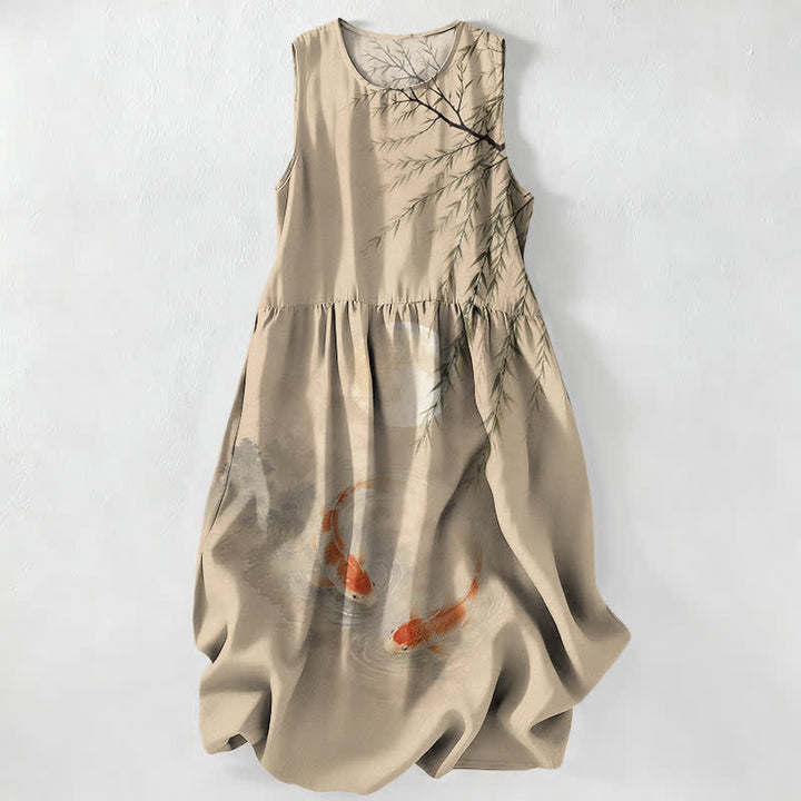 Buddha Stones Abito midi estivo casual da donna con stampa koi e salice, senza maniche e tasche. - Tan - US16, UK/AU20, EU48 (3XL) - image 0