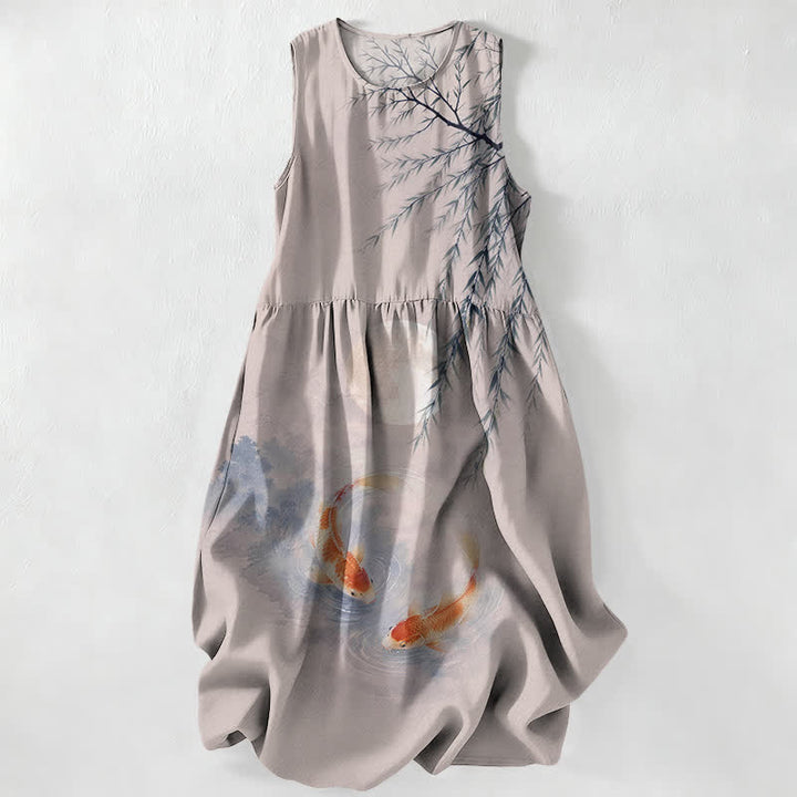 Buddha Stones Abito midi estivo casual da donna con stampa koi e salice, senza maniche e tasche. - Gainsboro - US16, UK/AU20, EU48 (3XL) - image 5