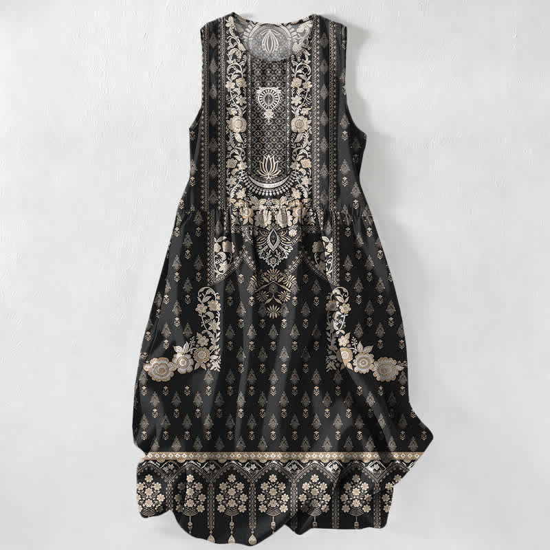 Buddha Stones Abito midi estivo da donna senza maniche con motivo etnico boho e tasche, senza maniche, stile boho casual. - Nero - US16, UK/AU20, EU48 (3XL) - image 0