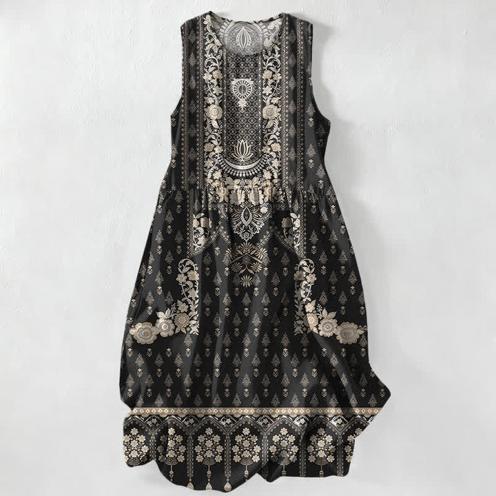 Buddha Stones Abito midi estivo da donna senza maniche con motivo etnico boho e tasche, senza maniche, stile boho casual. - Nero - US16, UK/AU20, EU48 (3XL) - image 0