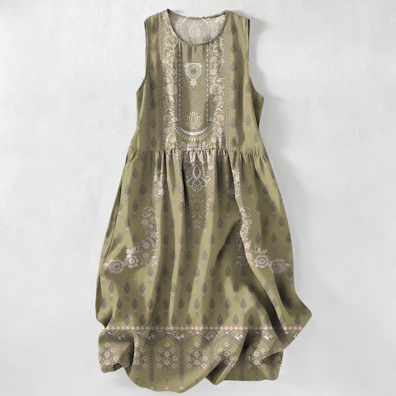 Buddha Stones Abito midi estivo da donna senza maniche con motivo etnico boho e tasche, senza maniche, stile boho casual. - Oliva - US16, UK/AU20, EU48 (3XL) - image 4