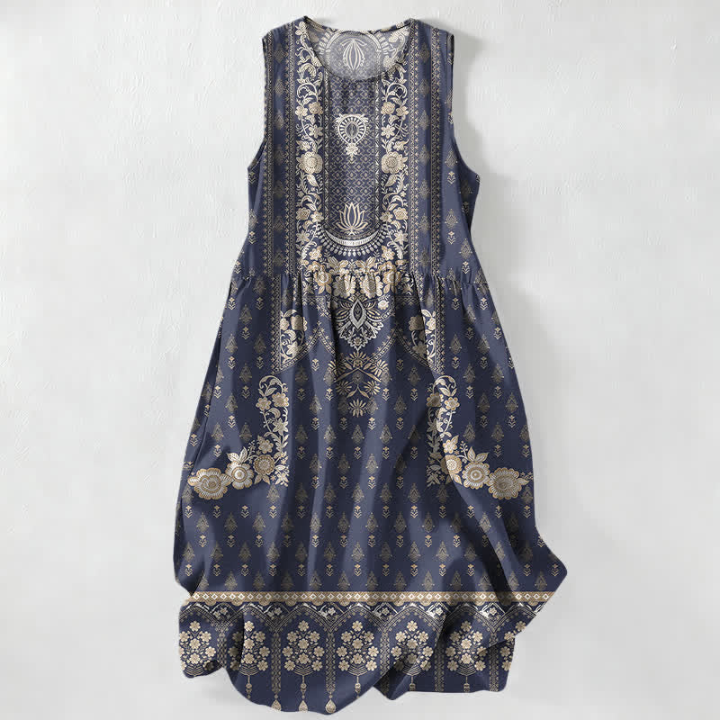 Buddha Stones Abito midi estivo da donna senza maniche con motivo etnico boho e tasche, senza maniche, stile boho casual. - Marina - US16, UK/AU20, EU48 (3XL) - image 5