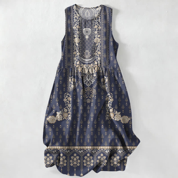 Buddha Stones Abito midi estivo da donna senza maniche con motivo etnico boho e tasche, senza maniche, stile boho casual. - Marina - US16, UK/AU20, EU48 (3XL) - image 5