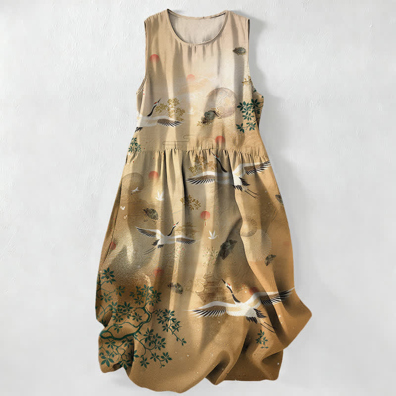 Buddha Stones Abito midi estivo casual da donna con motivo botanico a gru e sole, senza maniche e tasche. - Legno robusto - US16, UK/AU20, EU48 (3XL) - image 0