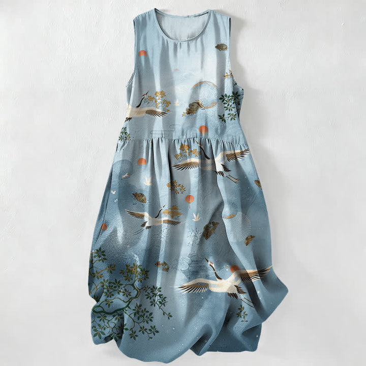 Buddha Stones Abito midi estivo casual da donna con motivo botanico a gru e sole, senza maniche e tasche. - Azzurro polvere - US16, UK/AU20, EU48 (3XL) - image 4