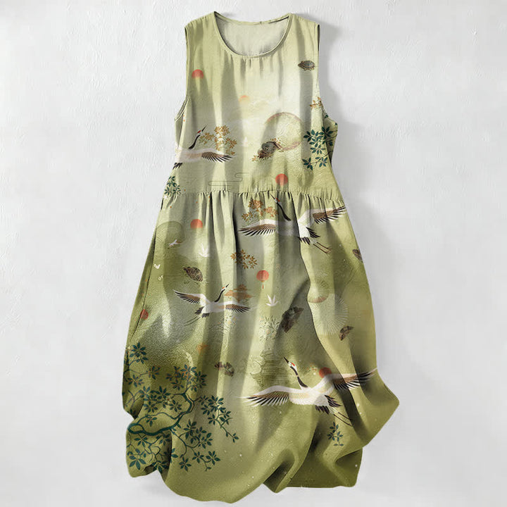 Buddha Stones Abito midi estivo casual da donna con motivo botanico a gru e sole, senza maniche e tasche. - Verde oliva - US16, UK/AU20, EU48 (3XL) - image 5
