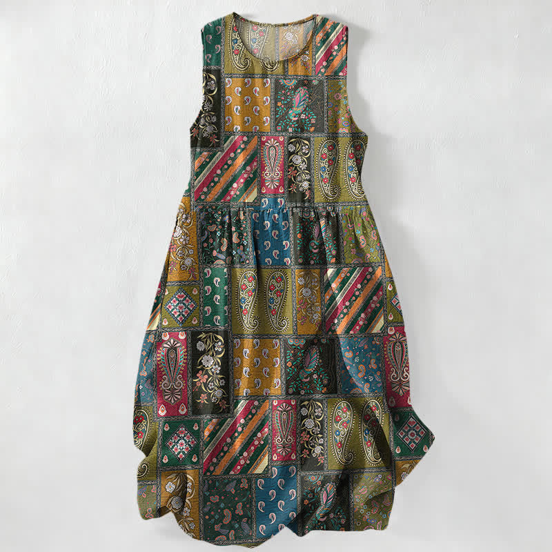 Buddha Stones Abito midi estivo casual da donna con motivo floreale paisley e patchwork, colore oliva, senza maniche e con tasche. - Verde oliva - US16, UK/AU20, EU48 (3XL) - image 0