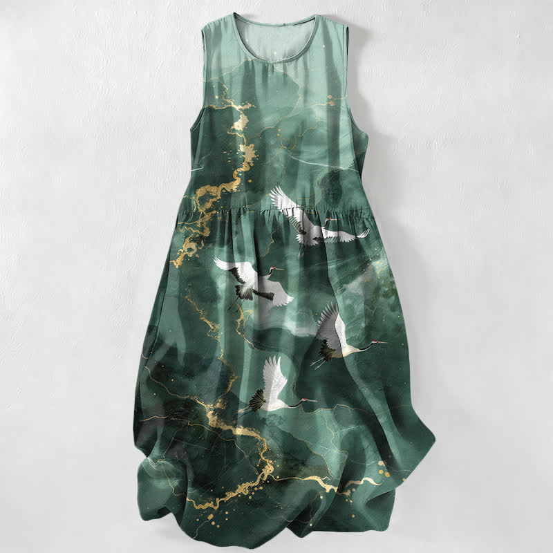 Buddha Stones Abito midi estivo casual da donna con motivo marmorizzato bianco e oro e gru, senza maniche e con tasche. - Verde studentesco - US16, UK/AU20, EU48 (3XL) - image 0
