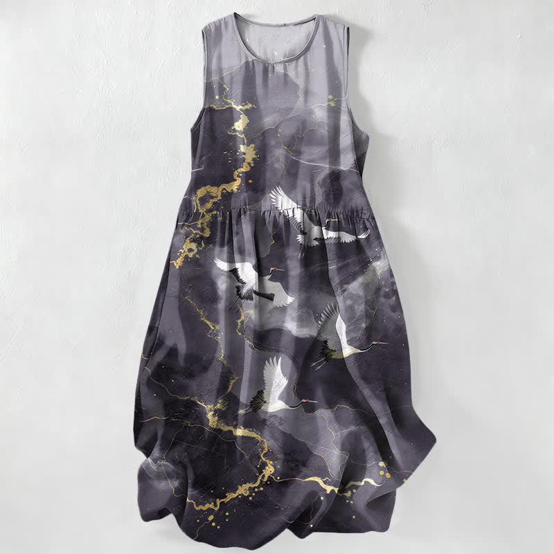 Buddha Stones Abito midi estivo casual da donna con motivo marmorizzato bianco e oro e gru, senza maniche e con tasche. - Grigio tenue - US16, UK/AU20, EU48 (3XL) - image 4