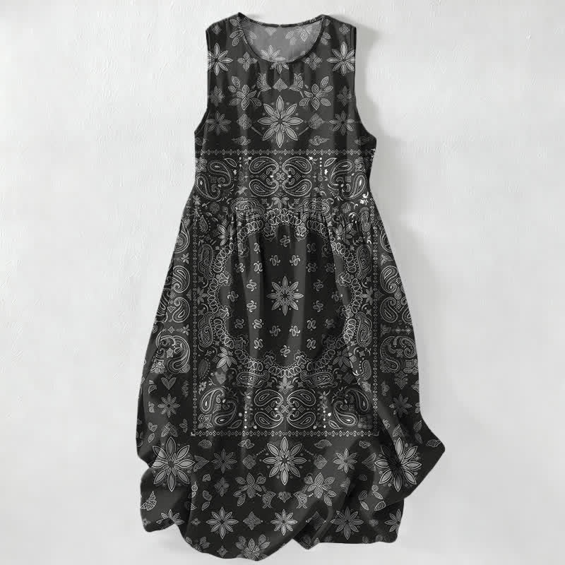 Buddha Stones Abito midi estivo casual da donna con fantasia floreale paisley e tasche, modello bandana. - Nero - US16, UK/AU20, EU48 (3XL) - image 0