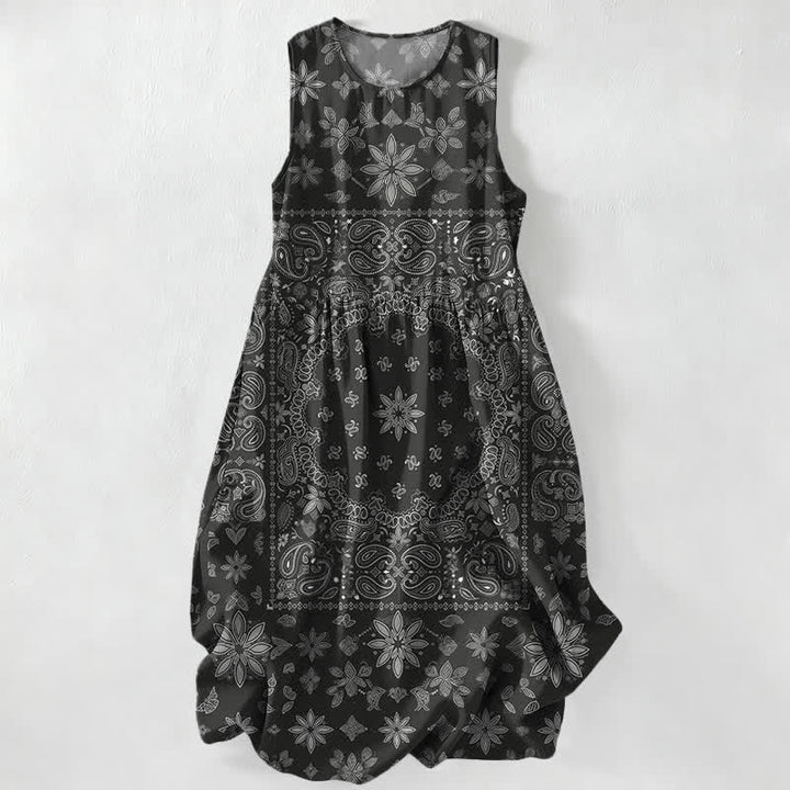 Buddha Stones Abito midi estivo casual da donna con fantasia floreale paisley e tasche, modello bandana. - Nero - US16, UK/AU20, EU48 (3XL) - image 0