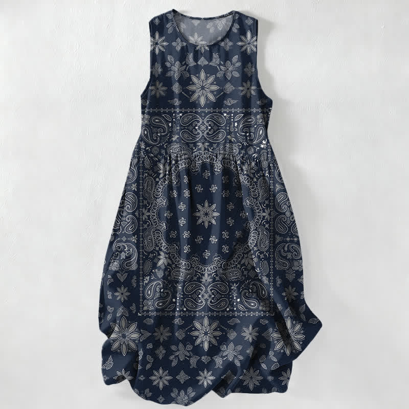 Buddha Stones Abito midi estivo casual da donna con fantasia floreale paisley e tasche, modello bandana. - Marina - US16, UK/AU20, EU48 (3XL) - image 4