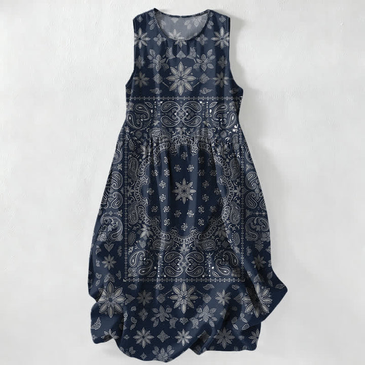 Buddha Stones Abito midi estivo casual da donna con fantasia floreale paisley e tasche, modello bandana. - Marina - US16, UK/AU20, EU48 (3XL) - image 4