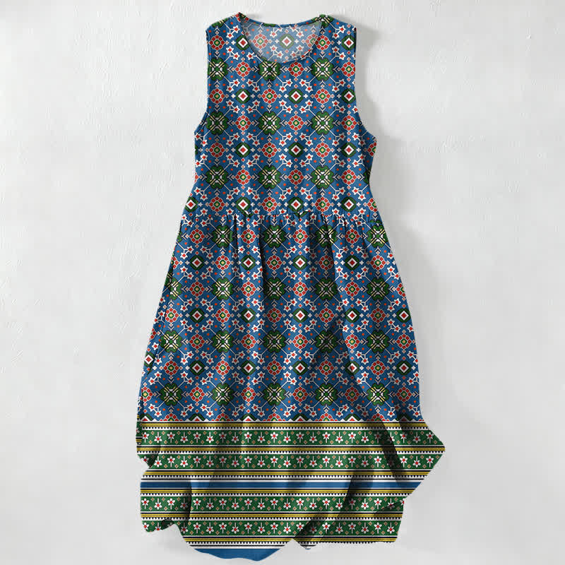 Buddha Stones Abito midi estivo casual da donna blu con motivo geometrico bohémien e tasche. - Blu scuro - US16, UK/AU20, EU48 (3XL) - image 0