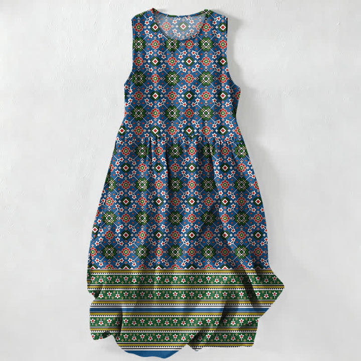Buddha Stones Abito midi estivo casual da donna blu con motivo geometrico bohémien e tasche. - Blu scuro - US16, UK/AU20, EU48 (3XL) - image 0