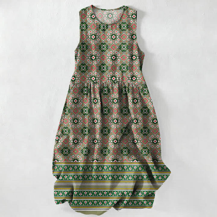 Buddha Stones Abito midi estivo casual da donna blu con motivo geometrico bohémien e tasche. - Verde Mare Scuro - US16, UK/AU20, EU48 (3XL) - image 4