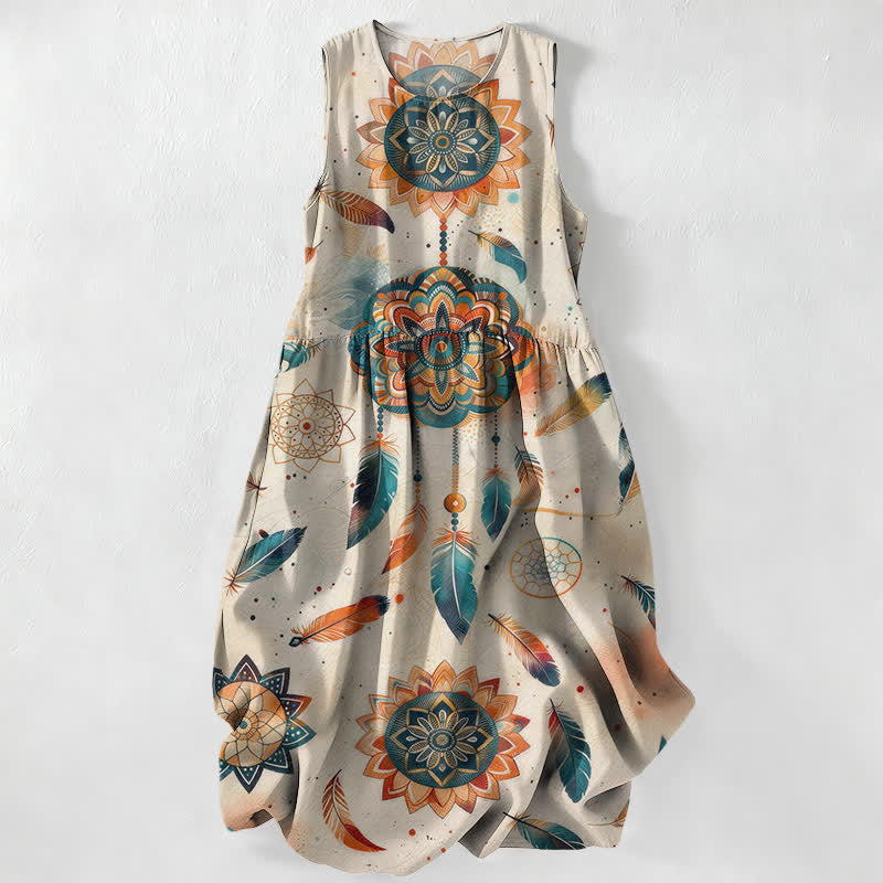 Buddha Stones Abito midi estivo casual da donna in stile bohémien con motivo mandala e piume, senza maniche e tasche. - Gainsboro - US16, UK/AU20, EU48 (3XL) - image 0