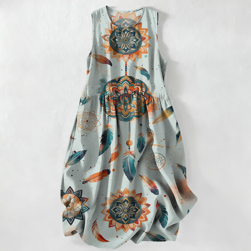 Buddha Stones Abito midi estivo casual da donna in stile bohémien con motivo mandala e piume, senza maniche e tasche. - Cielo Blu - US16, UK/AU20, EU48 (3XL) - image 4