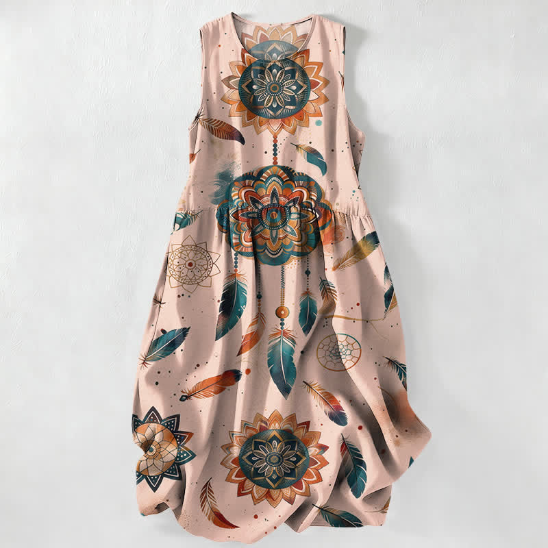 Buddha Stones Abito midi estivo casual da donna in stile bohémien con motivo mandala e piume, senza maniche e tasche. - Rosa - US16, UK/AU20, EU48 (3XL) - image 5