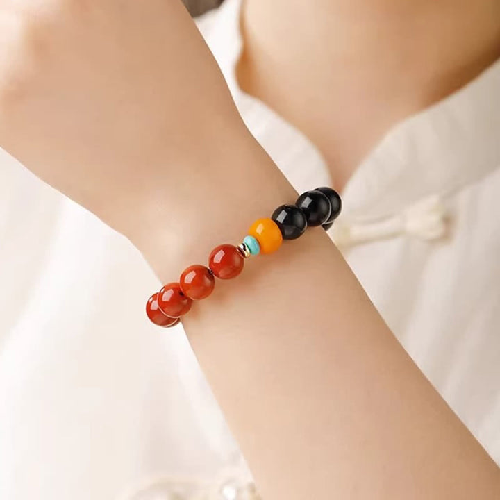 Buddha Stones Bracciale con perle rotonde di agata rosso-rossa occhio di tigre blu - image 12
