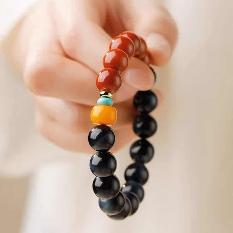 Buddha Stones Bracciale con perle rotonde di agata rosso-rossa occhio di tigre blu - image 9
