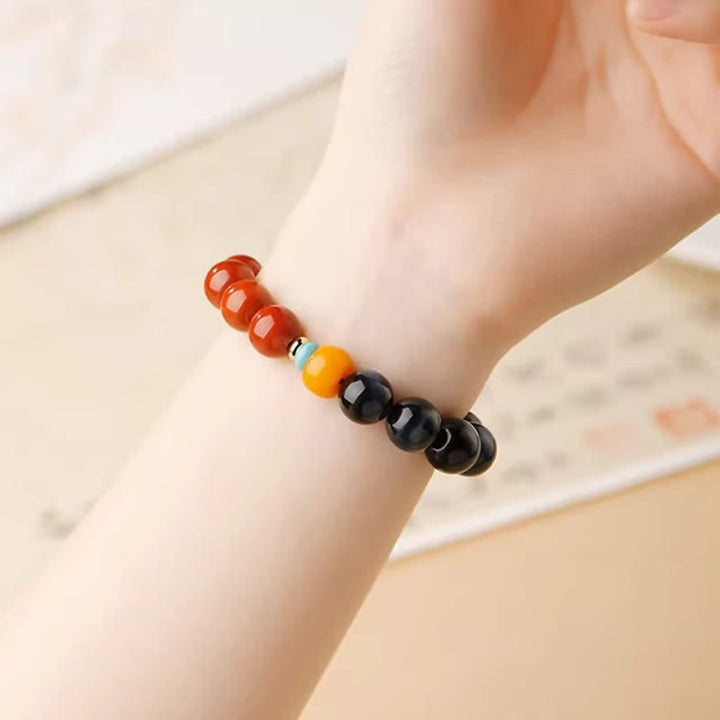 Buddha Stones Bracciale con perle rotonde di agata rosso-rossa occhio di tigre blu - image 11