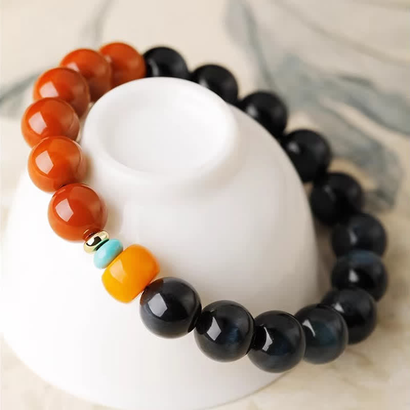 Buddha Stones Bracciale con perle rotonde di agata rosso-rossa occhio di tigre blu - image 2