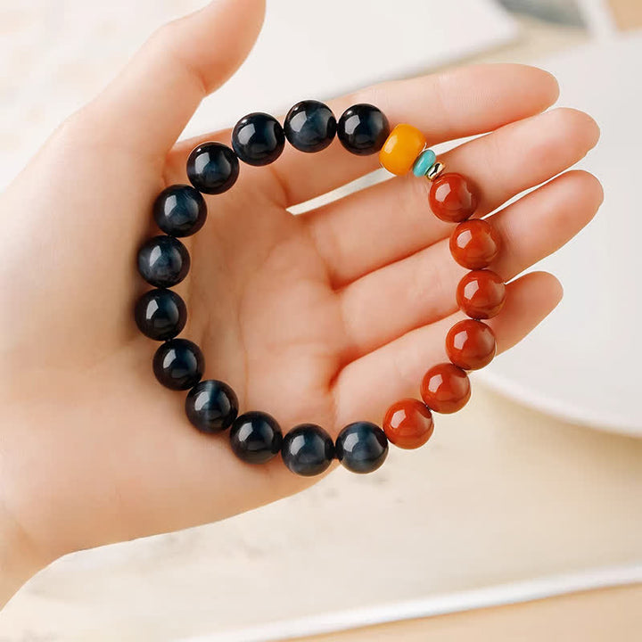Buddha Stones Bracciale con perle rotonde di agata rosso-rossa occhio di tigre blu - image 8