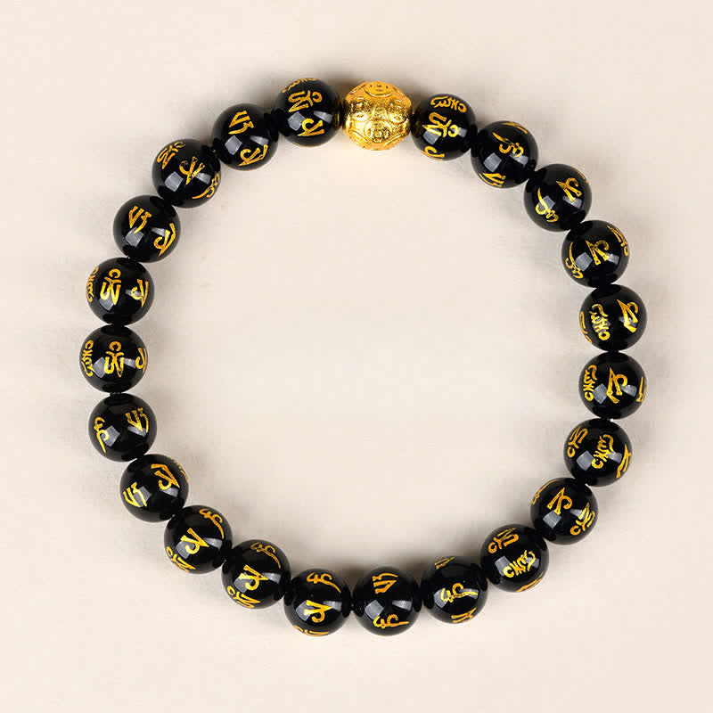 Buddha Stones Bracciale Om Mani Padme Hum in ossidiana nera - 8 mm - image 0