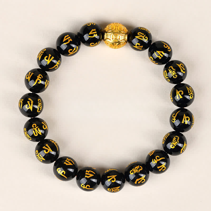 Buddha Stones Bracciale Om Mani Padme Hum in ossidiana nera - 10 mm - image 1