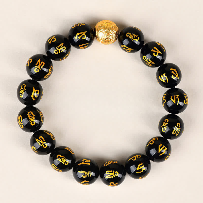 Buddha Stones Bracciale Om Mani Padme Hum in ossidiana nera - 12 mm - image 2