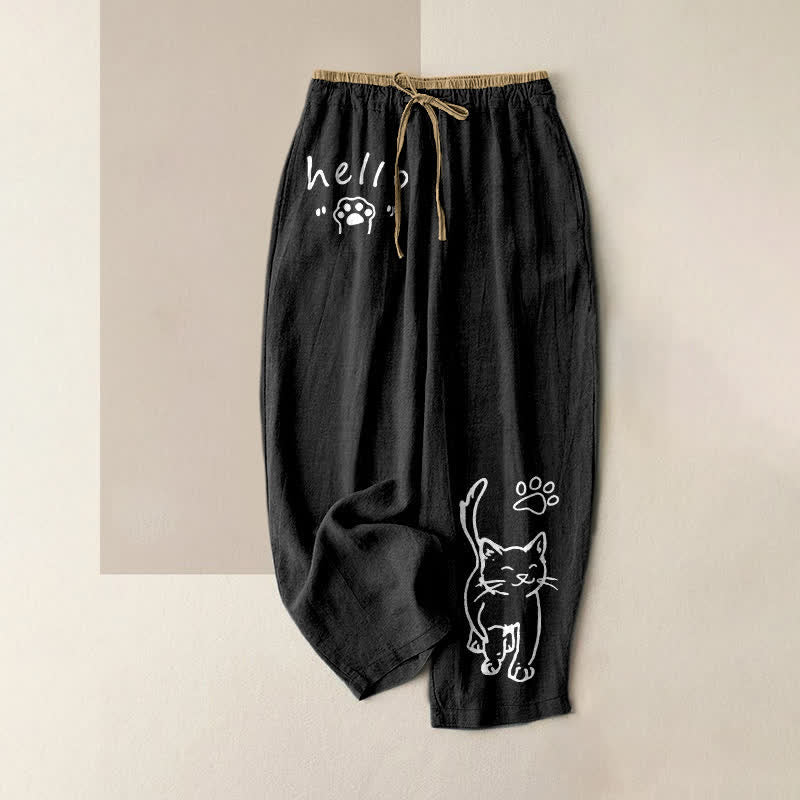 Buddha Stones Pantaloni da donna in puro cotone con elastico in vita e tasche, con stampa "Hello Cat Paw". - Nero - US16, UK/AU20, EU48 (3XL) - image 0