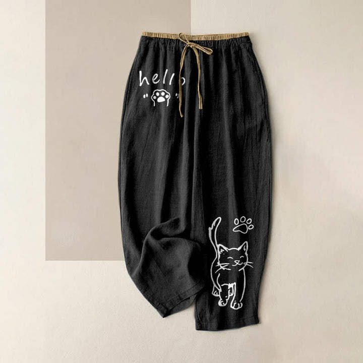 Buddha Stones Pantaloni da donna in puro cotone con elastico in vita e tasche, con stampa "Hello Cat Paw". - Nero - US16, UK/AU20, EU48 (3XL) - image 0