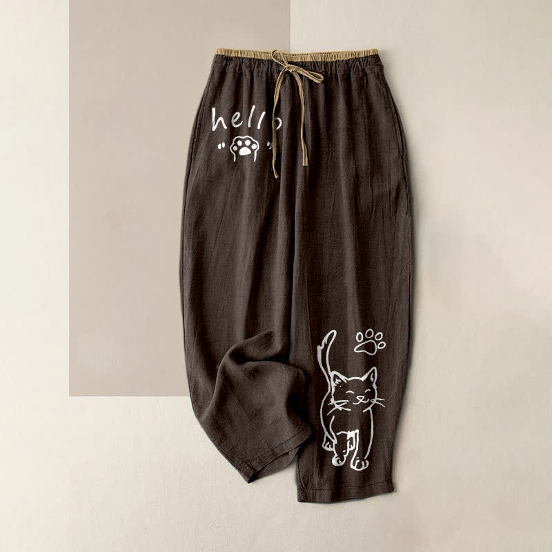 Buddha Stones Pantaloni da donna in puro cotone con elastico in vita e tasche, con stampa "Hello Cat Paw". - Marrone sella - US16, UK/AU20, EU48 (3XL) - image 5