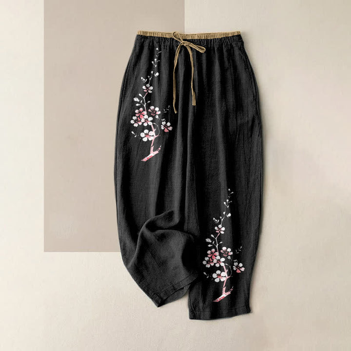 Buddha Stones Pantaloni da donna in puro cotone con elastico in vita e tasche, fantasia a rami di fiori orientali. - Nero - US16, UK/AU20, EU48 (3XL) - image 4