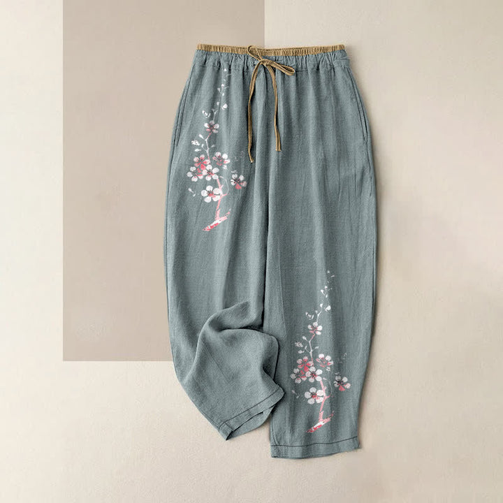 Buddha Stones Pantaloni da donna in puro cotone con elastico in vita e tasche, fantasia a rami di fiori orientali. - Cadetto Blu - US16, UK/AU20, EU48 (3XL) - image 5