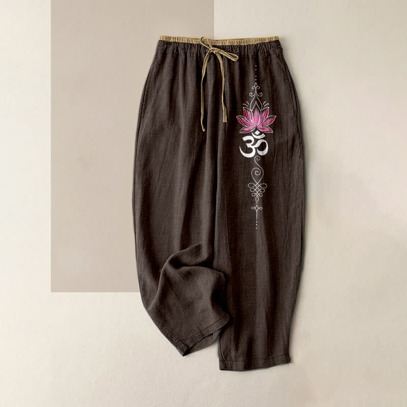 Buddha Stones Pantaloni da donna in puro cotone con elastico in vita e tasche, motivo Zen Lotus Om. - Marrone sella - US16, UK/AU20, EU48 (3XL) - image 4