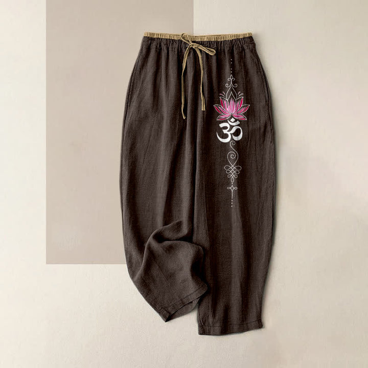 Buddha Stones Pantaloni da donna in puro cotone con elastico in vita e tasche, motivo Zen Lotus Om. - Marrone sella - US16, UK/AU20, EU48 (3XL) - image 4