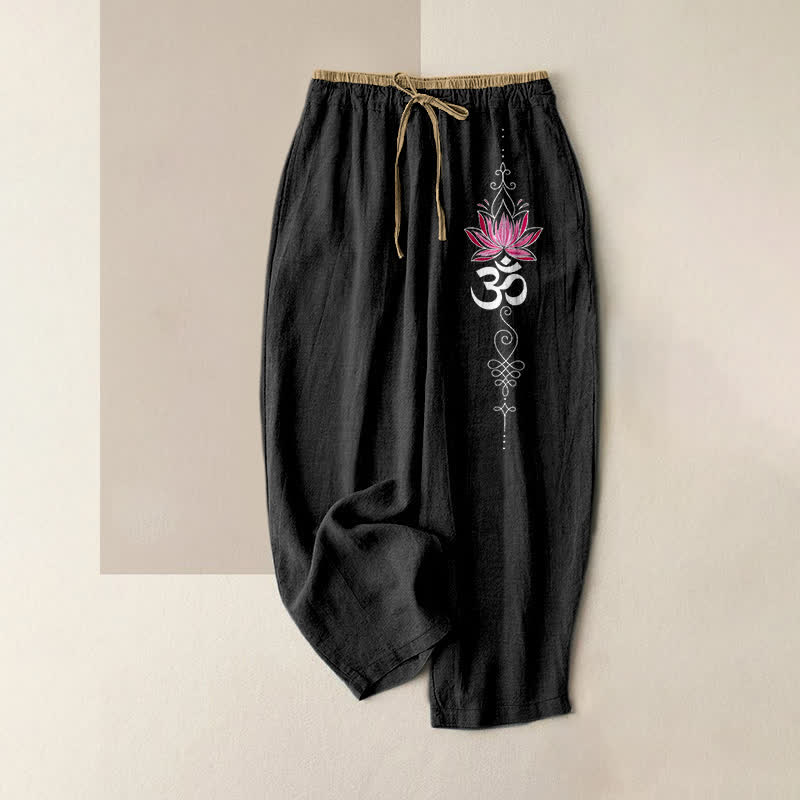Buddha Stones Pantaloni da donna in puro cotone con elastico in vita e tasche, motivo Zen Lotus Om. - Nero - US16, UK/AU20, EU48 (3XL) - image 0