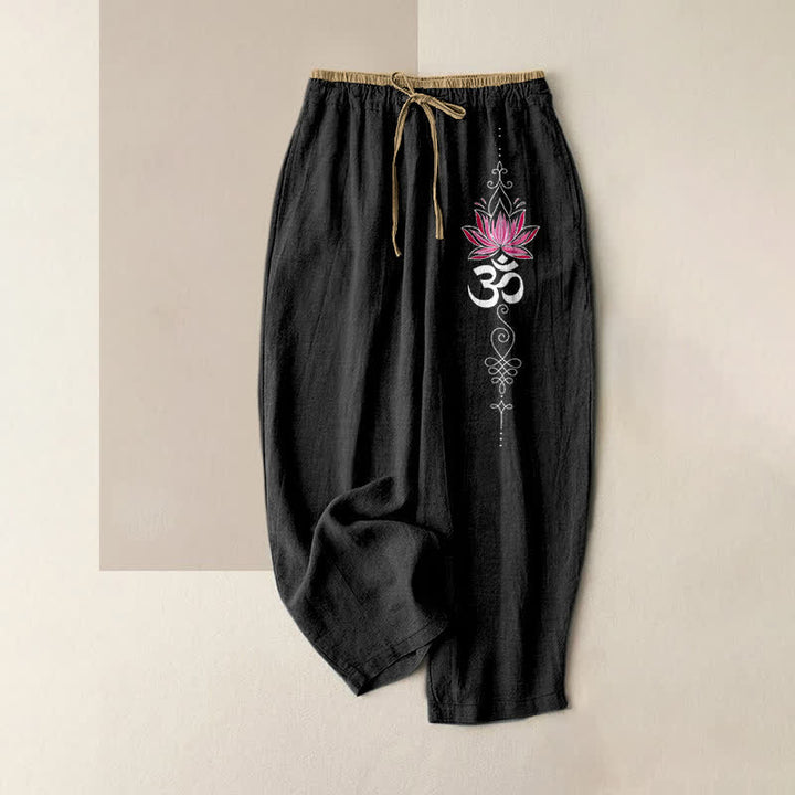 Buddha Stones Pantaloni da donna in puro cotone con elastico in vita e tasche, motivo Zen Lotus Om. - Nero - US16, UK/AU20, EU48 (3XL) - image 0