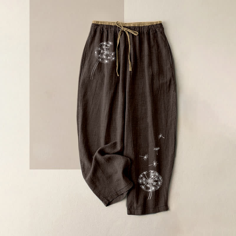 Buddha Stones Pantaloni da donna in puro cotone bianco con fantasia a dente di leone, elastico in vita e tasche. - Marrone sella - US16, UK/AU20, EU48 (3XL) - image 5