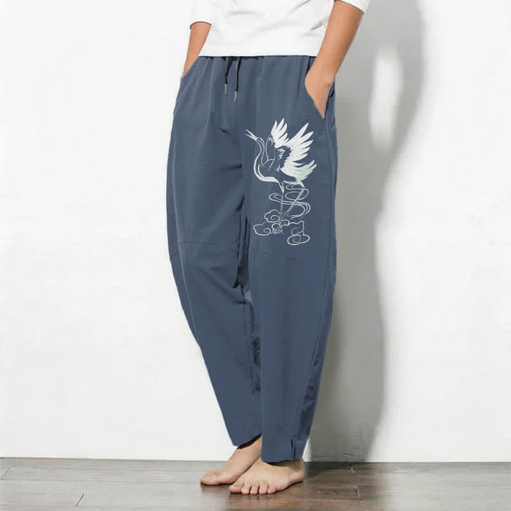 Buddha Stones Pantaloni da uomo affusolati in puro cotone bianco con motivo a gru e coulisse, con tasche. - image 1