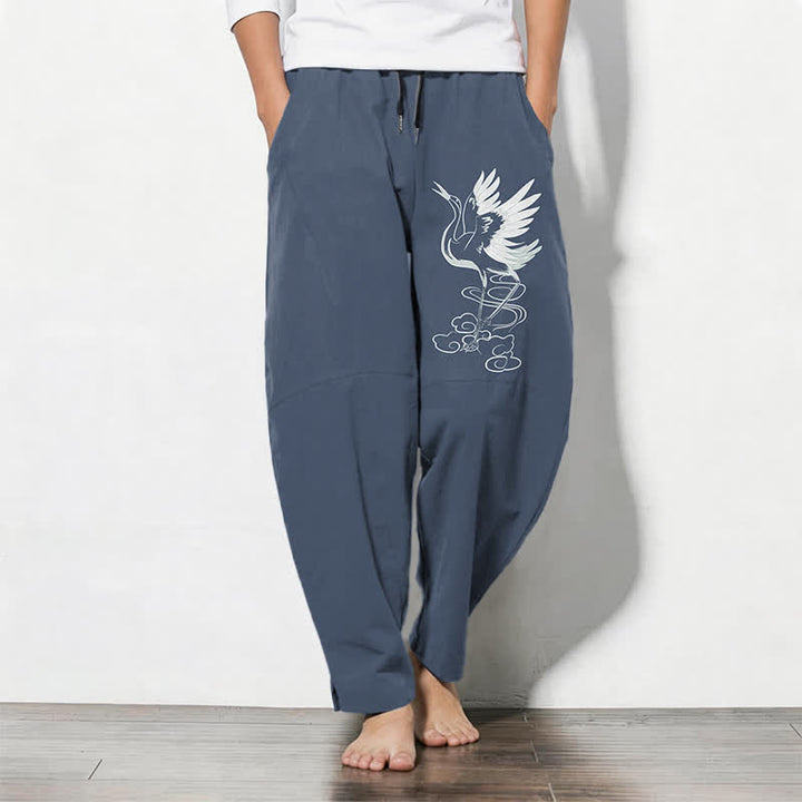 Buddha Stones Pantaloni da uomo affusolati in puro cotone bianco con motivo a gru e coulisse, con tasche. - SteelBlue - US/UK/AU50, EU60 (5XL) - image 0