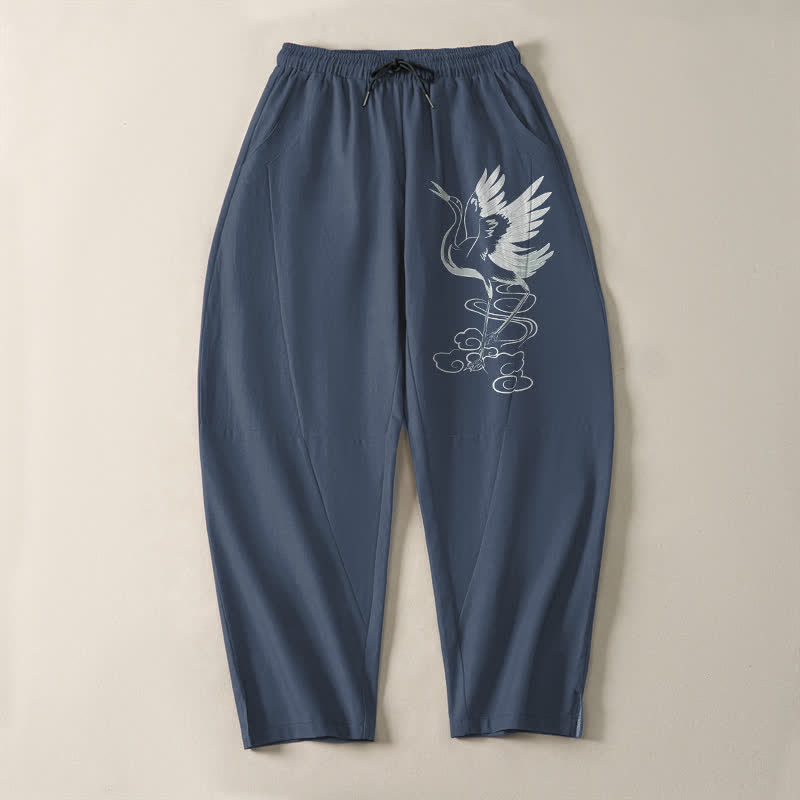 Buddha Stones Pantaloni da uomo affusolati in puro cotone bianco con motivo a gru e coulisse, con tasche. - image 2