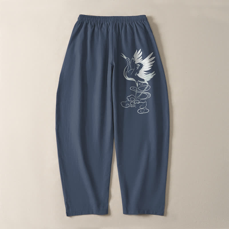 Buddha Stones Pantaloni da uomo affusolati in puro cotone bianco con motivo a gru e coulisse, con tasche. - image 3