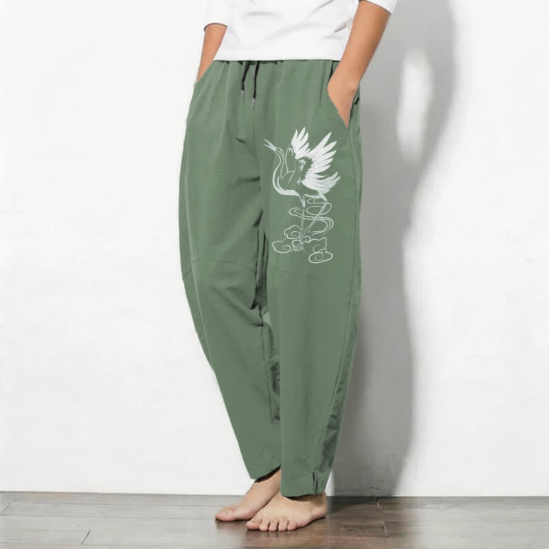Buddha Stones Pantaloni da uomo affusolati in puro cotone bianco con motivo a gru e coulisse, con tasche. - image 8
