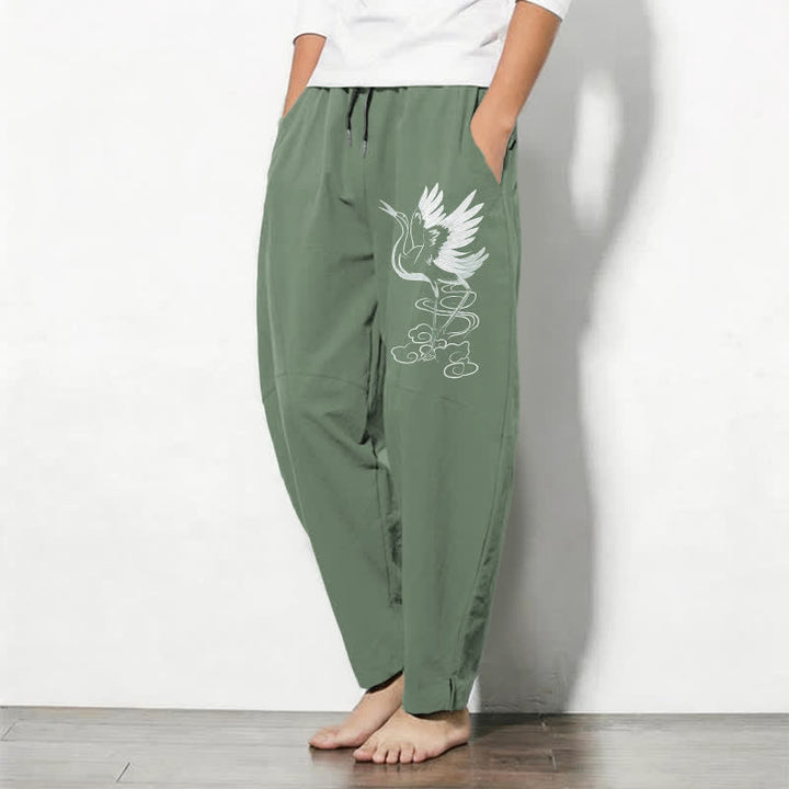 Buddha Stones Pantaloni da uomo affusolati in puro cotone bianco con motivo a gru e coulisse, con tasche. - image 8