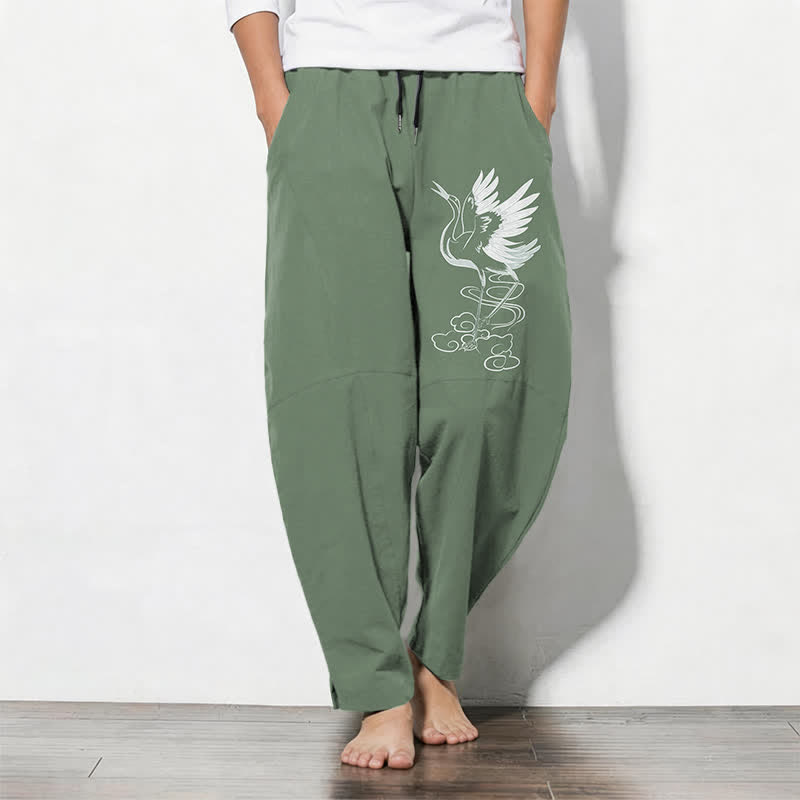 Buddha Stones Pantaloni da uomo affusolati in puro cotone bianco con motivo a gru e coulisse, con tasche. - Verde Mare Scuro - US/UK/AU50, EU60 (5XL) - image 7