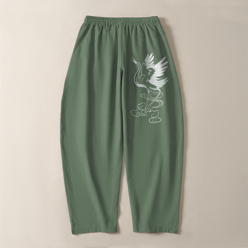 Buddha Stones Pantaloni da uomo affusolati in puro cotone bianco con motivo a gru e coulisse, con tasche. - image 10