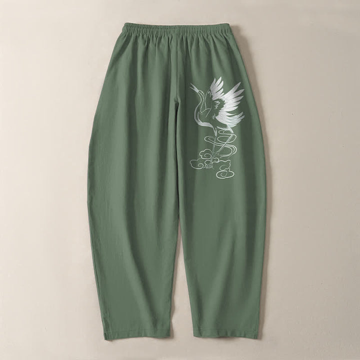 Buddha Stones Pantaloni da uomo affusolati in puro cotone bianco con motivo a gru e coulisse, con tasche. - image 10